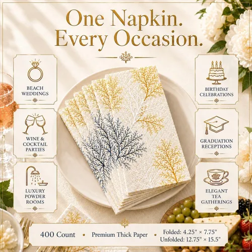 Vista 2 de 100 servilletas doradas para fanáticos del mar, toallas de mano de papel para baño, playa, boda, fiesta náutica, suministros de decoración de mesa