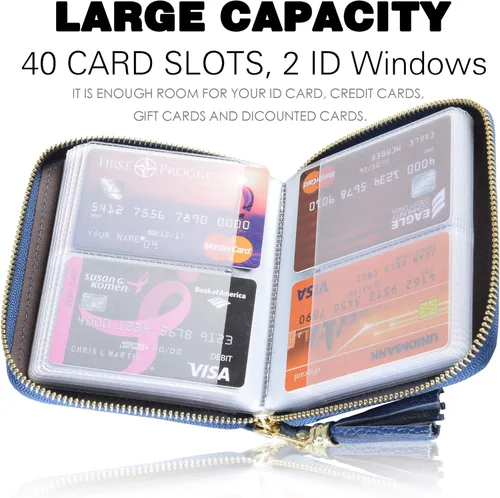 Vista 3 de Easyoulife Billetera Tarjetero de Tarjetas de Crédito para Mujer con Cremallera de Cuero Estuche para Tarjetas con Bloqueo RFID, Azul oscuro, medio