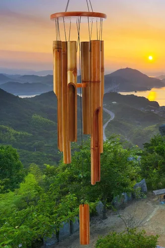 Vista 7 de Campanas de viento de bambú para exteriores, Campanas de viento de madera con melodía de tono profundo, Campana de viento Zen clásica de 30