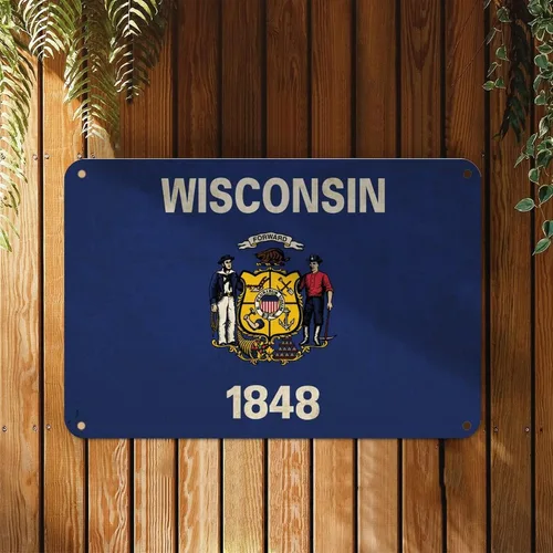 Vista 2 de Letrero de metal de Wisconsin, bandera del estado de Wisconsin, letrero de metal para hogar, estado, país, ciudad, recuerdo, arte de pared, póster