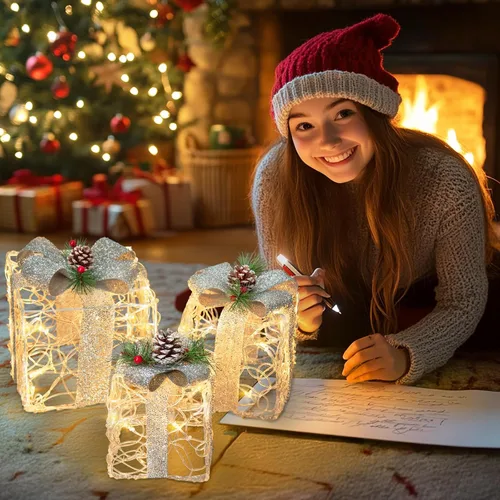 Vista 3 de PEIDUO Cajas de regalo iluminadas de Navidad, juego de 3, decoraciones de regalo al aire libre, paquetes debajo del árbol para interiores, fiestas
