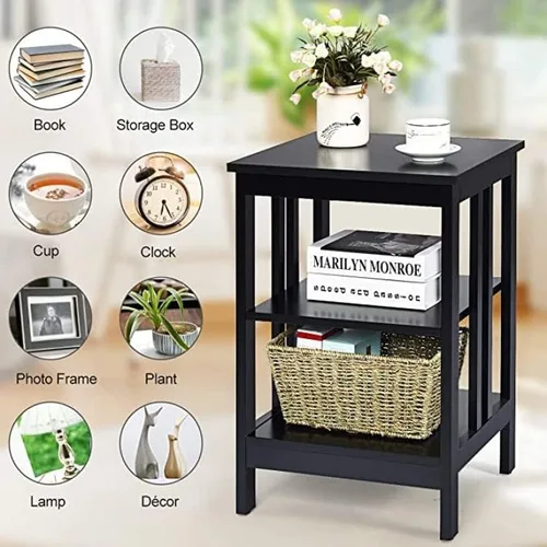 Vista 7 de Mesa auxiliar con estante de almacenamiento de 3 niveles para sala de estar, dormitorio, marco de madera estable, fácil montaje (negro, 1 unidad)