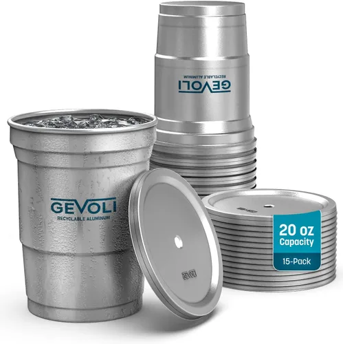 Vista 8 de Gevoli Vasos de aluminio reciclables de 16 onzas con tapas (paquete de 15)