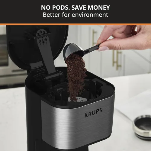Vista 3 de KRUPS: Simply Brew - Cafetera de 2 tazas, cafetera de goteo de una sola porción de acero inoxidable y vaso de viaje, vaso de acero inoxidable de 14