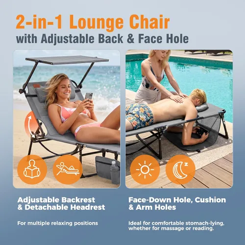 Vista 5 de Silla de bronceado con orificio facial y toldo, tumbona de playa plegable y gris (Light Grey 1)
