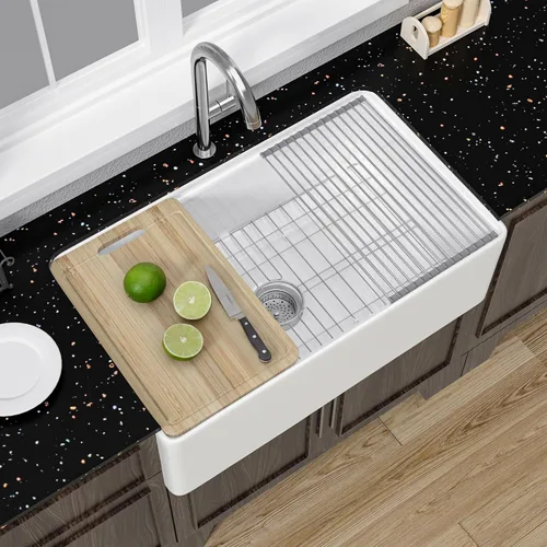 Vista 11 de Miuara Fregadero blanco con estación de trabajo de granja de 24 pulgadas, fregadero de cocina frontal con delantal de arcilla refractaria pequeño