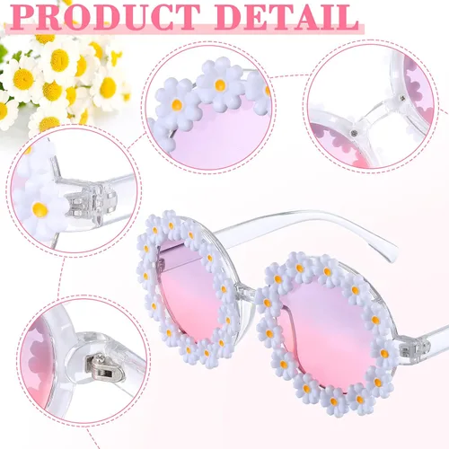 Vista 6 de 2 pares de lentes de sol de margarita para mujer, gafas redondas de flores para adultos y niños, decoración con gafas de tela bolsa de franela