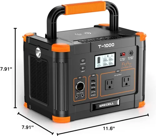 Vista 10 de GRECELL - Generador solar portátil de 1000 W, 999 Wh con salida USB-C PD de 60 W, salida de CA de onda sinusoidal pura de 110 V, batería de litio