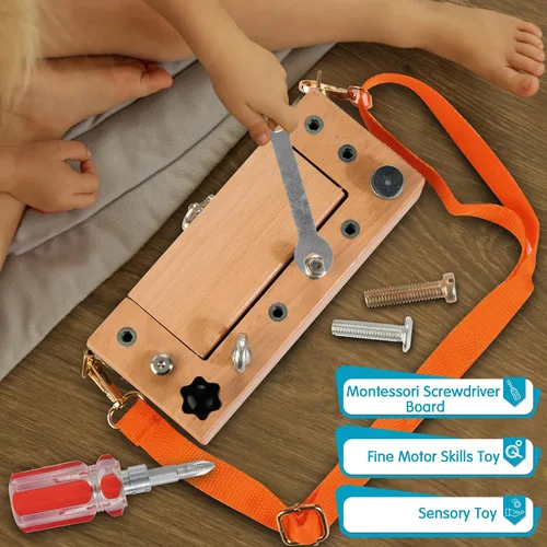 Vista 5 de WOODMAM Montessori - Juego de tablero de destornillador, caja de almacenamiento de madera y correa para niños pequeños, herramientas reales