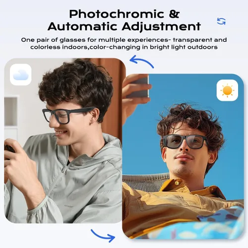 Vista 3 de Gafas de sol Bluetooth para mujer, lentes de sol fotocrómicas con luz azul, lentes de audio inteligentes para mujeres y hombres, micrófono y Lente