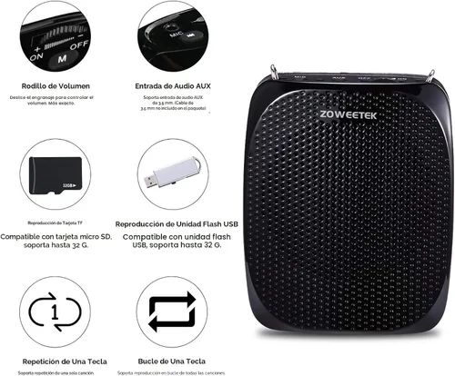 Vista 7 de ZOWEETEK Amplificador de Voz Original para Profesores con 2 Micrófonos, Amplificador de Voz Inalámbrico con Auriculares Micrófono, Altavoz Portátil