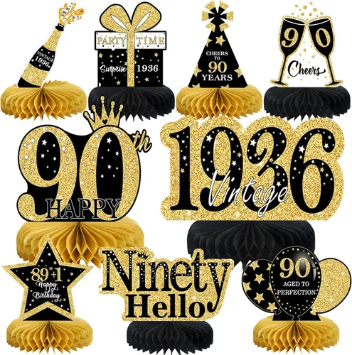 Vista 44 de 9 piezas de decoración de cumpleaños negro dorado 16 centros de mesa de panal para niños y niñas, centros de mesa de feliz cumpleaños 16 Oro negro 16