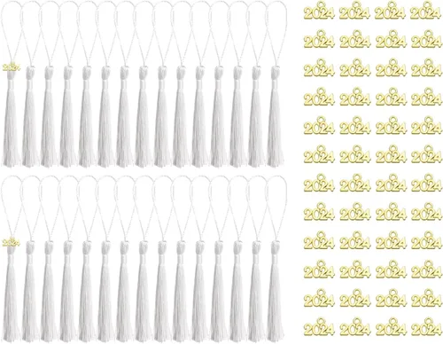 Vista 9 de Tupalizy 30 mini borlas sedosas hechas a mano con 60 dijes del año 2024 para graduación, llavero, aretes, joyería, regalos de boda, recuerdos