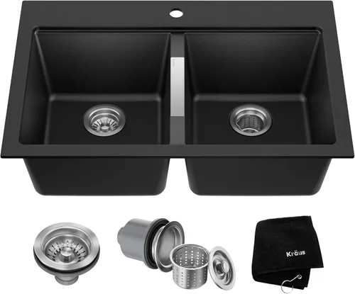 Vista 7 de KRAUS Quarza - Fregadero de cocina de granito de instalación empotrada/sobre encimera de un solo seno de 24 pulgadas, color negro ónix, KGD-410B
