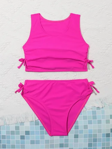 Vista 3 de Romwe Traje de baño de 2 piezas para niña con cordón lateral conjunto de bikini sólido