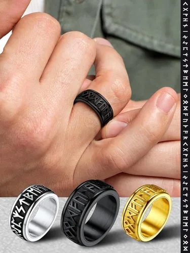 Vista 2 de FaithHeart Anillo giratorio nórdico vikingo con runas de acero inoxidable chapado en oro para hombres y mujeres, puede grabar personalizado