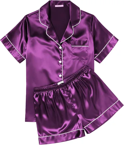 Vista 28 de Ekouaer Conjunto de pijama de satén de seda para mujer, suave, de manga corta, con botones, ropa para dormir, camiseta y pantalones cortos, juego