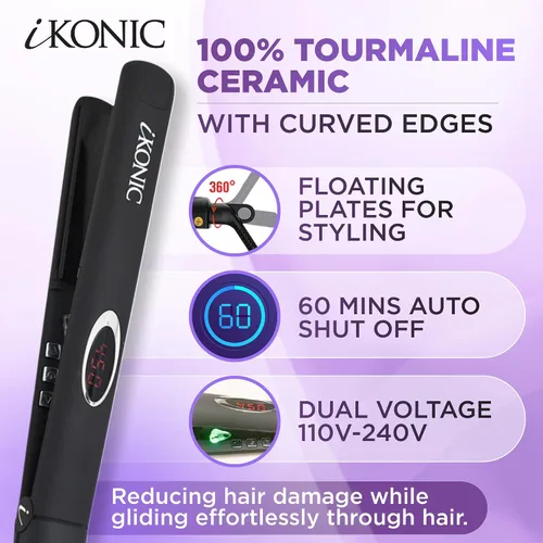 Vista 2 de IKonic Alisador y rizador de pelo de cerámica 100% turmalina, plancha plana de doble voltaje iónico infrarrojo antiestático 2 en 1, placas flotantes