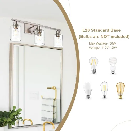 Vista 5 de Lámpara de pared de 3 luces de níquel cepillado de metal, lámpara de tocador de interior con pantalla de vidrio transparente, accesorios