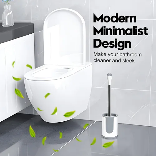 Vista 5 de Cepillo de inodoro, cepillo compacto y soporte, mango de acero inoxidable, cepillo limpiador de inodoro limpieza profunda para baño, fácil