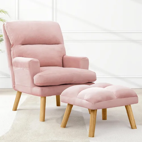 Vista 10 de IOMOR Silla Accent con otomano, silla de lectura cómoda, sillón con respaldo ajustable y bolsillos laterales, sofá de tela suave de ocio para Beige