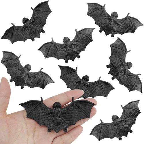 Vista 3 de SaktopDeco Murciélagos negros de 4 pulgadas, decoración de Halloween, mini murciélago 3D, juguete de plástico para fiesta, murciélagos artificiales