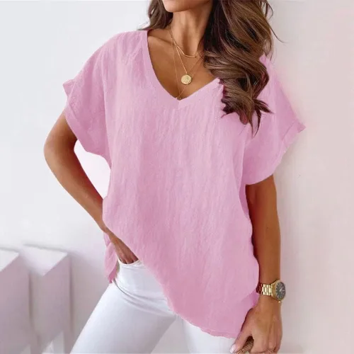 Vista 2 de Mayntop Camiseta de manga corta para mujer, de algodón, lino, cuello en V, color sólido, estampado, holgada, para verano