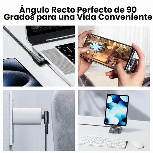 Vista 4 de Cable de carga USB C a USB C (3.3 pies, paquete de 2), cable de carga tipo C de 60 W, cable de carga rápida de ángulo recto USBC a USBC para iPhone