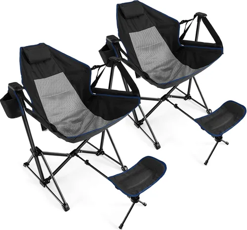 Vista 12 de Giantex Hamaca para exteriores, silla de campamento, mecedora con reposapiés extraíble, respaldo ajustable, almohada, soporte para tazas, bolsa