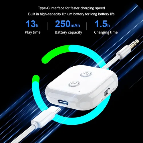 Vista 2 de Transmisor Bluetooth 5.3, adaptador de audio AptX adaptativo/baja latencia Doble enlace, funciona con conectores auxiliares de 0.1 in en aviones