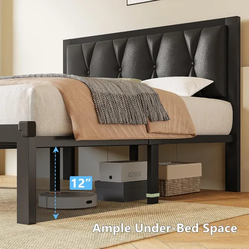 Vista 5 de GalnFu Base de cama de tamaño matrimonial con cabecera capitoné con botones, plataforma tapizada de piel sintética, marco de cama de metal