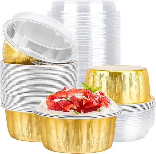 Vista 9 de EUSOAR Moldes de papel de aluminio para magdalenas, paquete de 50 moldes desechables de papel de aluminio de 8 onzas (7.9 fl oz) con tapas, papel