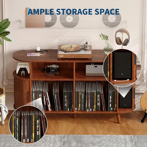 Vista 4 de GarveeHome Soporte redondo grande para tocadiscos de 55 pulgadas con estación de carga y puertos USB, soporte para tocadiscos de vinilo rústico