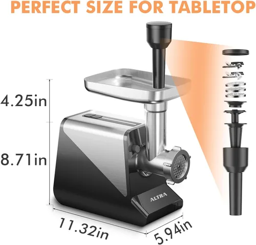 Vista 8 de ALTRA LIFE - Molinillo eléctrico de carne, relleno de salchichas máximo de 2800 W con 2 cuchillas, 3 platos, tubo de salchicha, rallador de queso