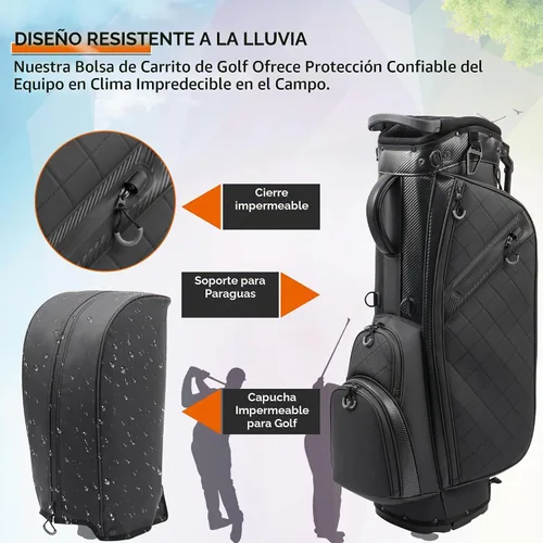 Vista 5 de Bolsa de golf con soporte y 14 divisiones de largo completo, bolsa de golf de cuero PU para hombres, bolsas de golf de lujo ligeras impermeables