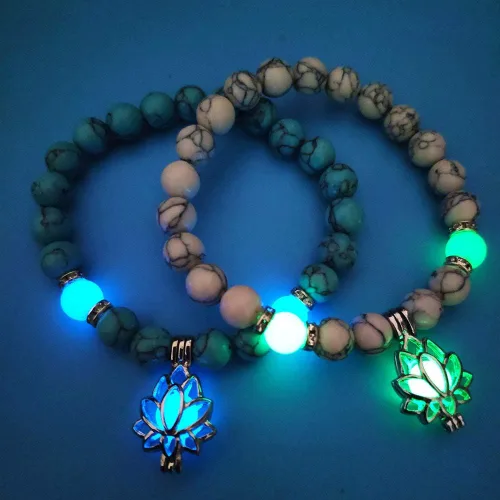 Vista 2 de Pulsera luminosa con forma de flor de loto que brilla en la oscuridad para mujer, piedras turquesas naturales, joyería de oración de yoga, Metal