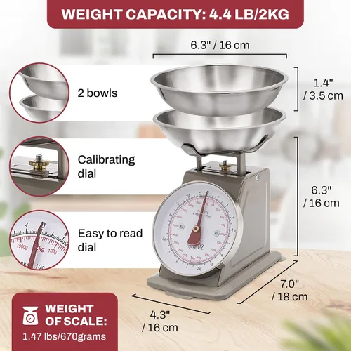Vista 2 de MARLIZ Báscula de cocina retro pequeña 4.4Lb/4.4 lbs con 2 cuencos blanco Esfera mecánica Vintage Pesa para alimentos bascula