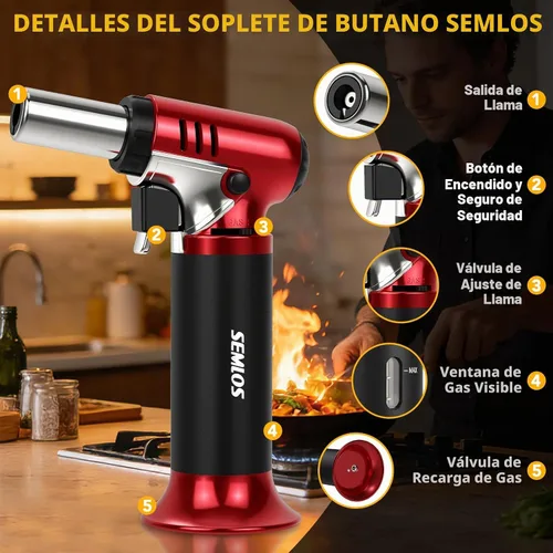 Vista 2 de Semlos Antorcha de butano con indicador de combustible, antorcha de cocina S-907 Rojo