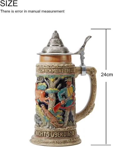 Vista 6 de HAUCOZE Taza de cerveza alemana para caza, jarras vikingas con tapa de peltre, regalos de cumpleaños para hombres, padre, marido, 0.6 litros
