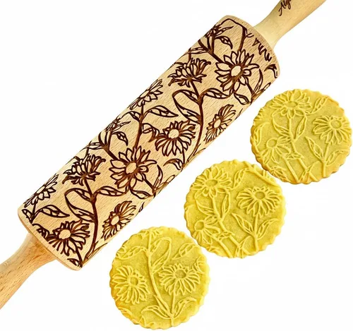 Vista 12 de Rodillo de gofrado BLOOMY con patrón floral – Rodillo para masa y arcilla para galletas y cerámica en relieve - Sello para galletas y cerámica