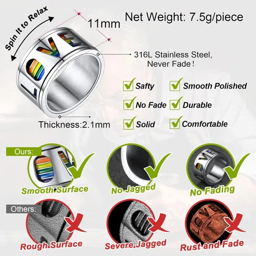 Vista 5 de FaithHeart Anillos para ansiedad LGBT Pride Rainbow, acero inoxidable/chapado en oro de 18 quilates, joyería de amor es amor para hombres y mujeres
