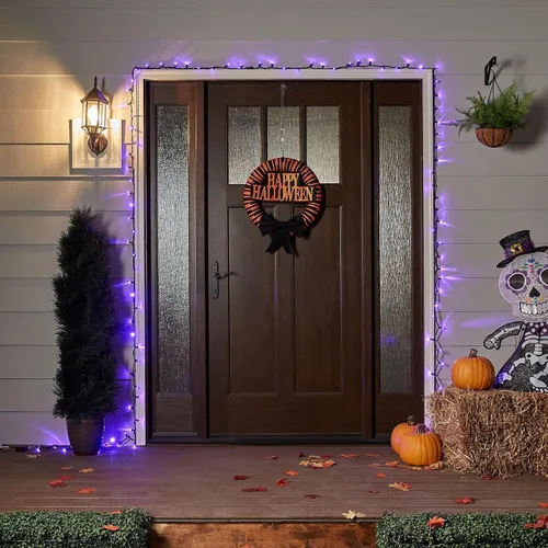 Vista 6 de Luces de Halloween púrpuras, 200 luces LED, 66 pies, enchufe con 8 modos, luces de Halloween impermeables para exteriores, decoración de Halloween