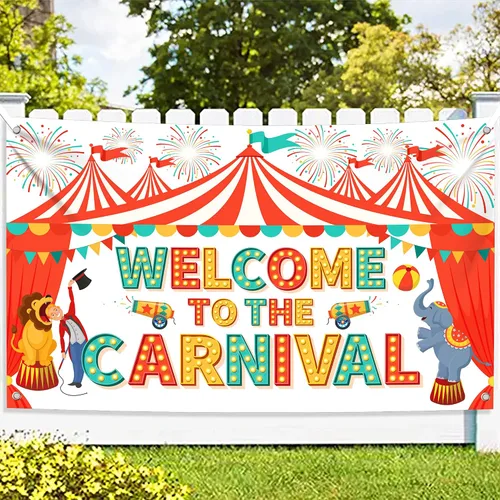 Vista 2 de Cartel de bienvenida al carnaval extragrande con globo de carnaval - 72 x 44 pulgadas Decoraciones de carnaval, decoraciones de fiesta temática