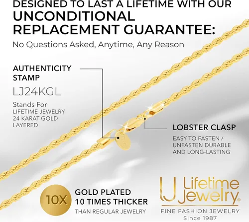 Vista 5 de LIFETIME JEWELRY 24k Real Gold Plated 3mm Gold Rope Chain for Men & Women Diamond Cut Gold Chain Necklace Women & Necklace for Men 14 to 36 Inch