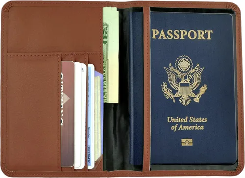 Vista 4 de Belle Donne Cartera con bloqueo RFID para pasaporte, cubierta para pasaporte, soporte de documentos de viaje de piel sintética, Marrón claro