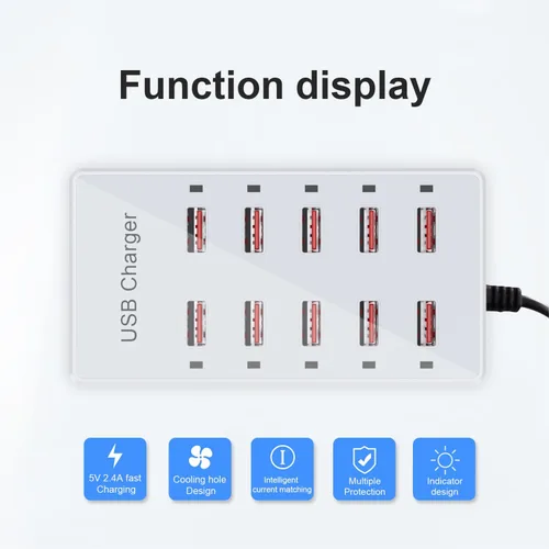 Vista 7 de Cargador USB de 10 puertos estación de carga para múltiples dispositivos, cargador de pared USB, tira de concentrador de alimentación, enchufe