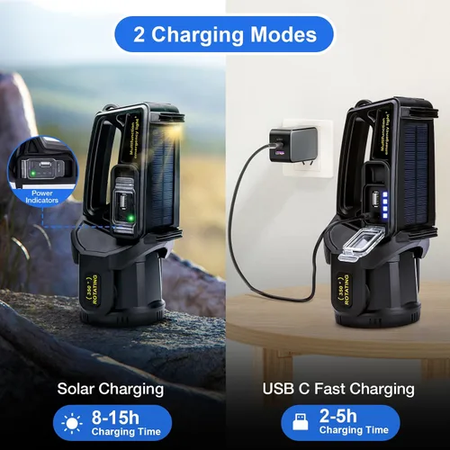 Vista 4 de Linterna de foco recargable, 2,000,000 L lúmenes, luz LED de mano con rotación de 350°, 9 modos, carga solar y USB-C, impermeable, linterna