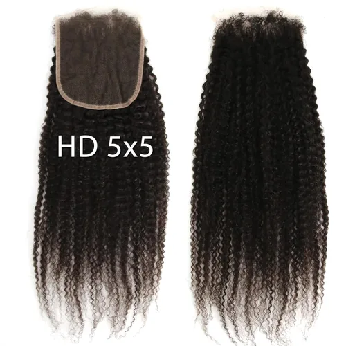 Vista 18 de Afro Kinky Curly 5x5 HD Cierre de encaje prearrancado con borde rizado de bebé 4B 4C, cierre de encaje HD de cabello humano transparente