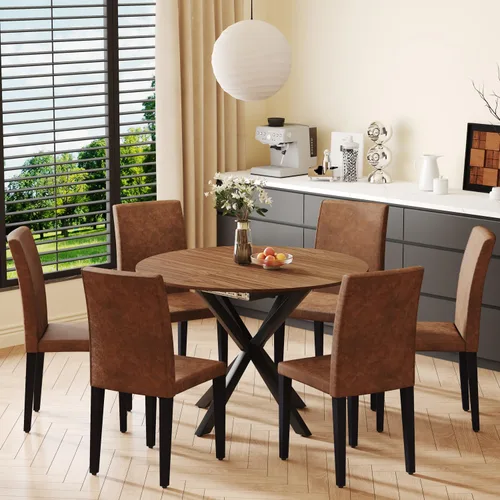 Vista 5 de Juego de mesa de comedor redonda para 6, juego de mesa de comedor extensible de 43-59 pulgadas, mesa de grano de madera de nogal y 6 sillas Marrón