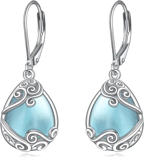 Vista 132 de Aretes colgantes con forma de lágrima de filigrana de piedra lunar de plata de ley 925 con cierre de palanca para mujer, regalos de joyería